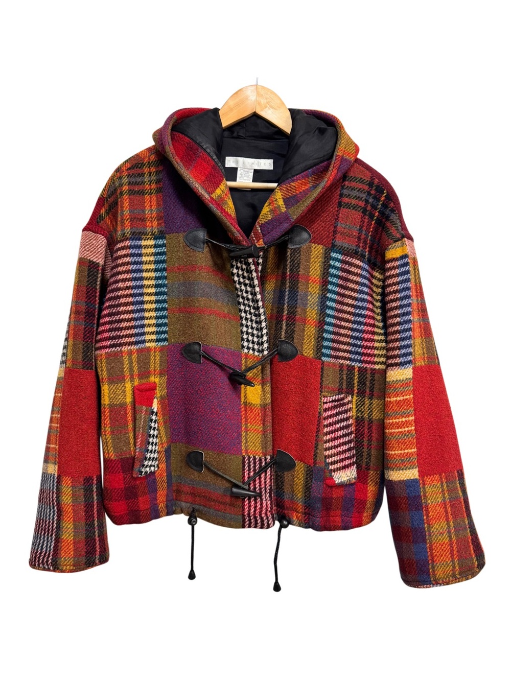 Vintage 90s The Limited Multicolored Plaid Patchwork Hooded Toggle Jacket L